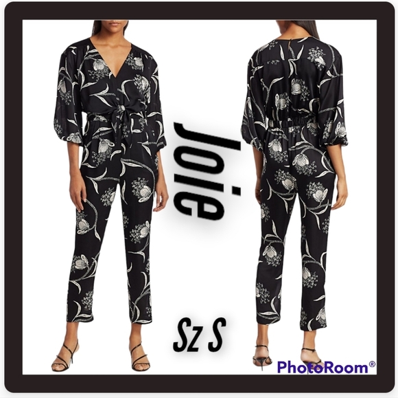 🦃TODAY ONLY🦃BCBGENERATION Joie Black Floral print V- neck casual Jumpsuit sz S - Picture 2 of 14